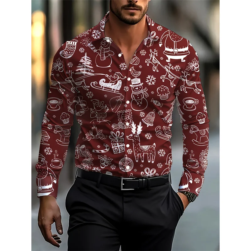 عيد الميلاد سانتا كلوز نمط الرجال قمصان طويلة الأكمام للرجال عيد الميلاد الديكور ثلاثية الأبعاد بلوزة مطبوعة قمصان فضفاضة غير رسمية بلايز