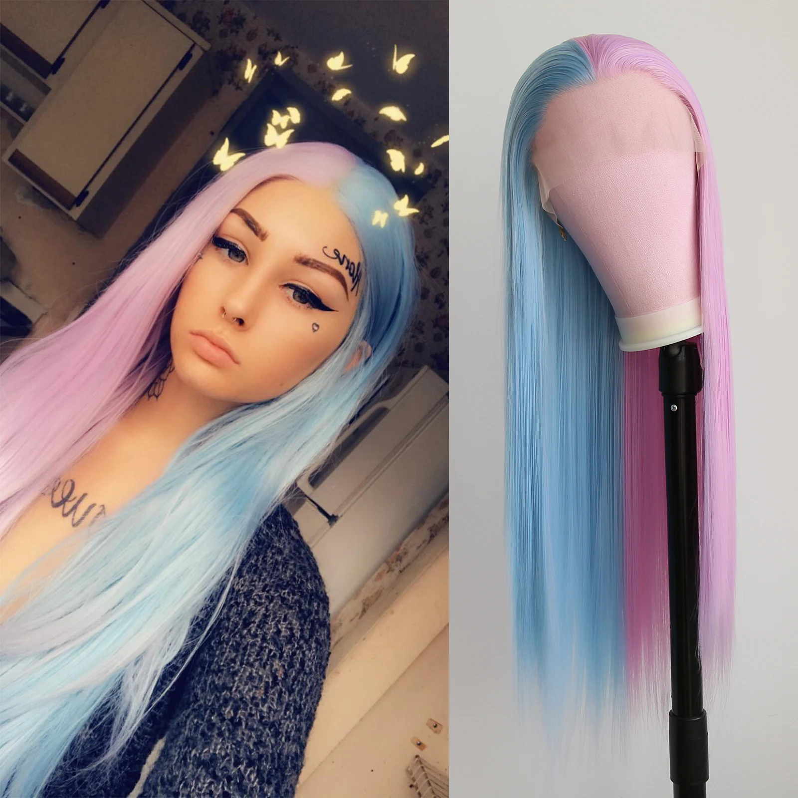 Thiswig Half Purple Mix Pink and Half Light Blue Mix Blue Lace Front Wig Colorful Wigs for Women Synthetic Hair Replacement Wig