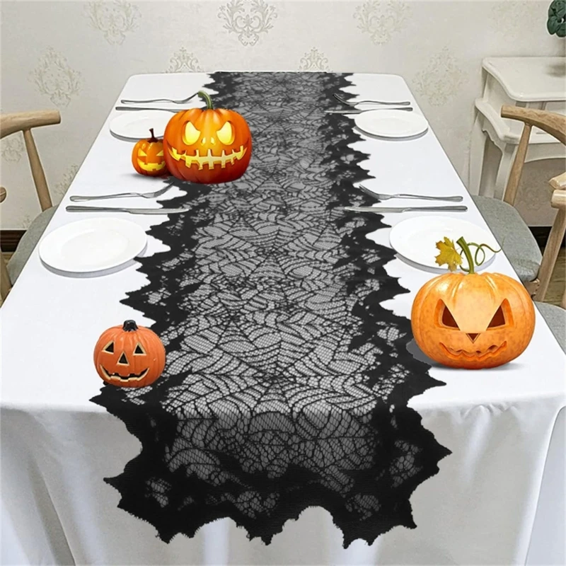 

Waterproof Halloween Table Runner with Spiders Webs and Bat for Dinner Party Decoration 11.8x70.9inch
