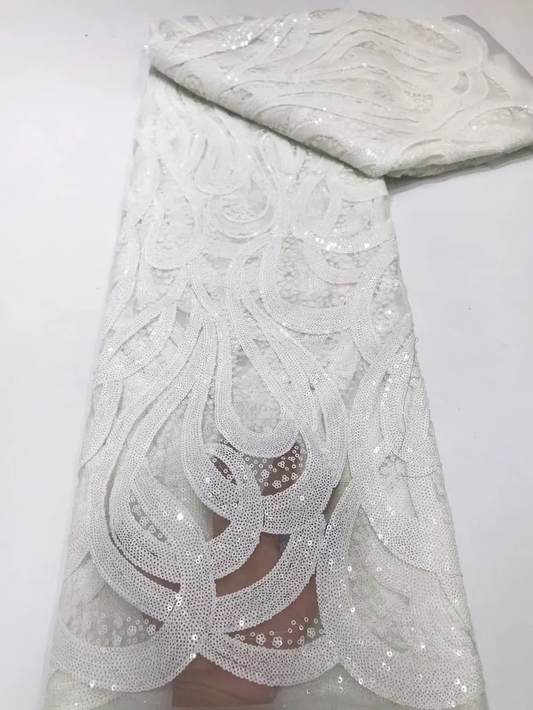 

White African Sequin Lace Fabric 2022 High Quality Lace French Lace Fabric Nigeria Tulle Lace Fabric For Wedding Dress HJM5219