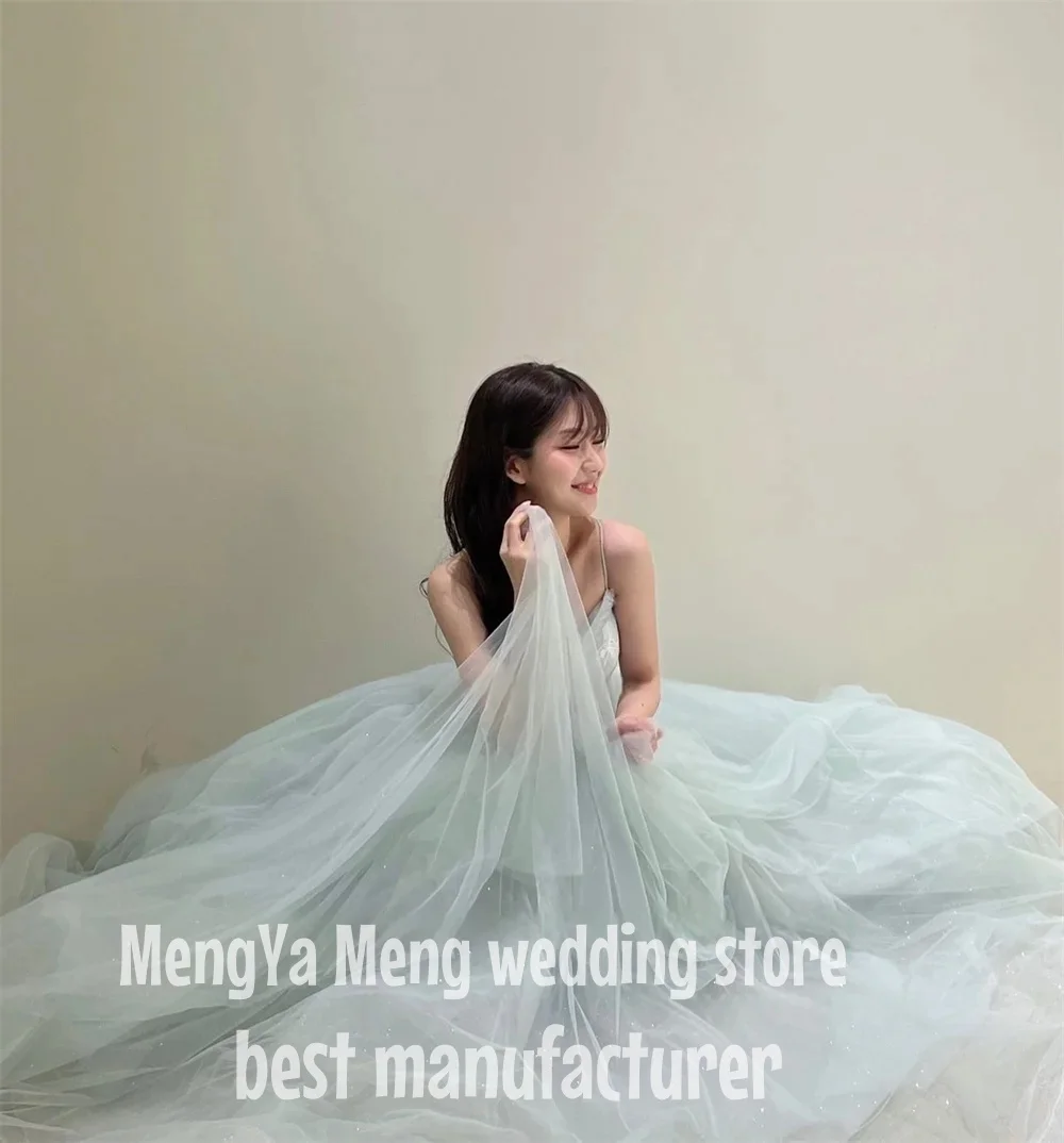 ZHUISHU Fairy Dusty Pale Blue Korea Prom Dresses Spaghetti Straps Puff Long Sleeves Lace Tulle Evening Gowns Wedding Photo shoot