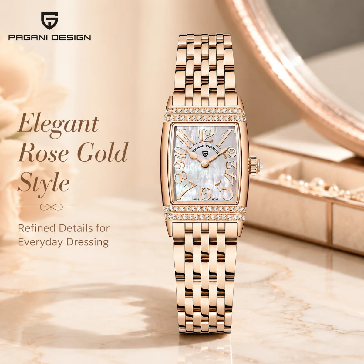 PAGANI DESIGN Brand New Women Quartz Square Watch Luxury Sapphire Glass Casual 50M Waterproof Stainless Steel Watches for Woman