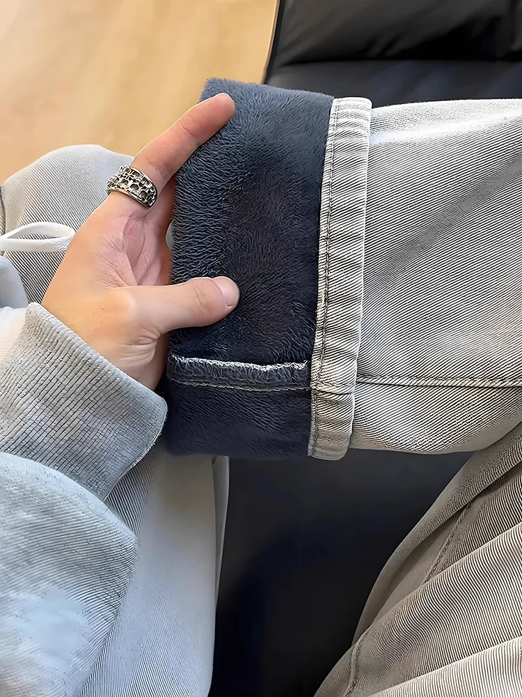 

Мужские джинсы с прямыми штанинами на подкладке American Sle Fce, зимние не облегающие брюки, теплые повседневные джинсы с расклешенными штанинами