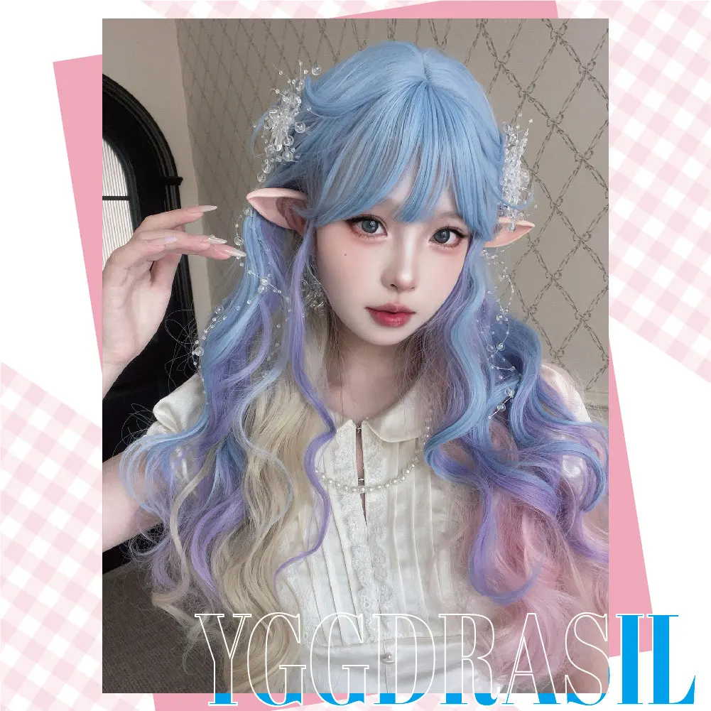 Wig ajaib sintetis warna warna-warni seperti Elf 28 inci dengan poni Wig rambut panjang bergelombang untuk wanita Cosplay penggunaan Harian tahan panas