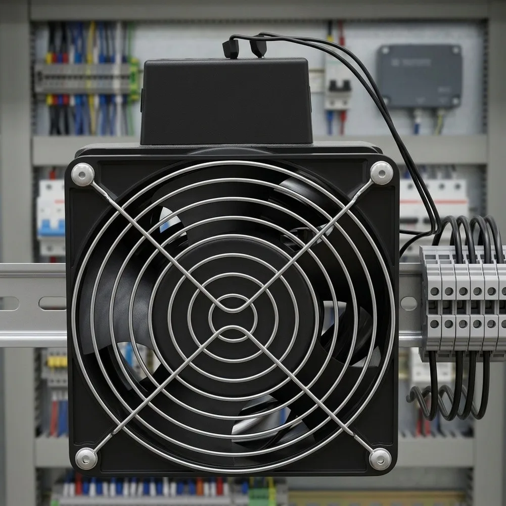 HVL031 Thermostatic Heater Fan for Enclosed Areas Aluminum Construction Quiet Operation 35mm DIN Rail Mountable