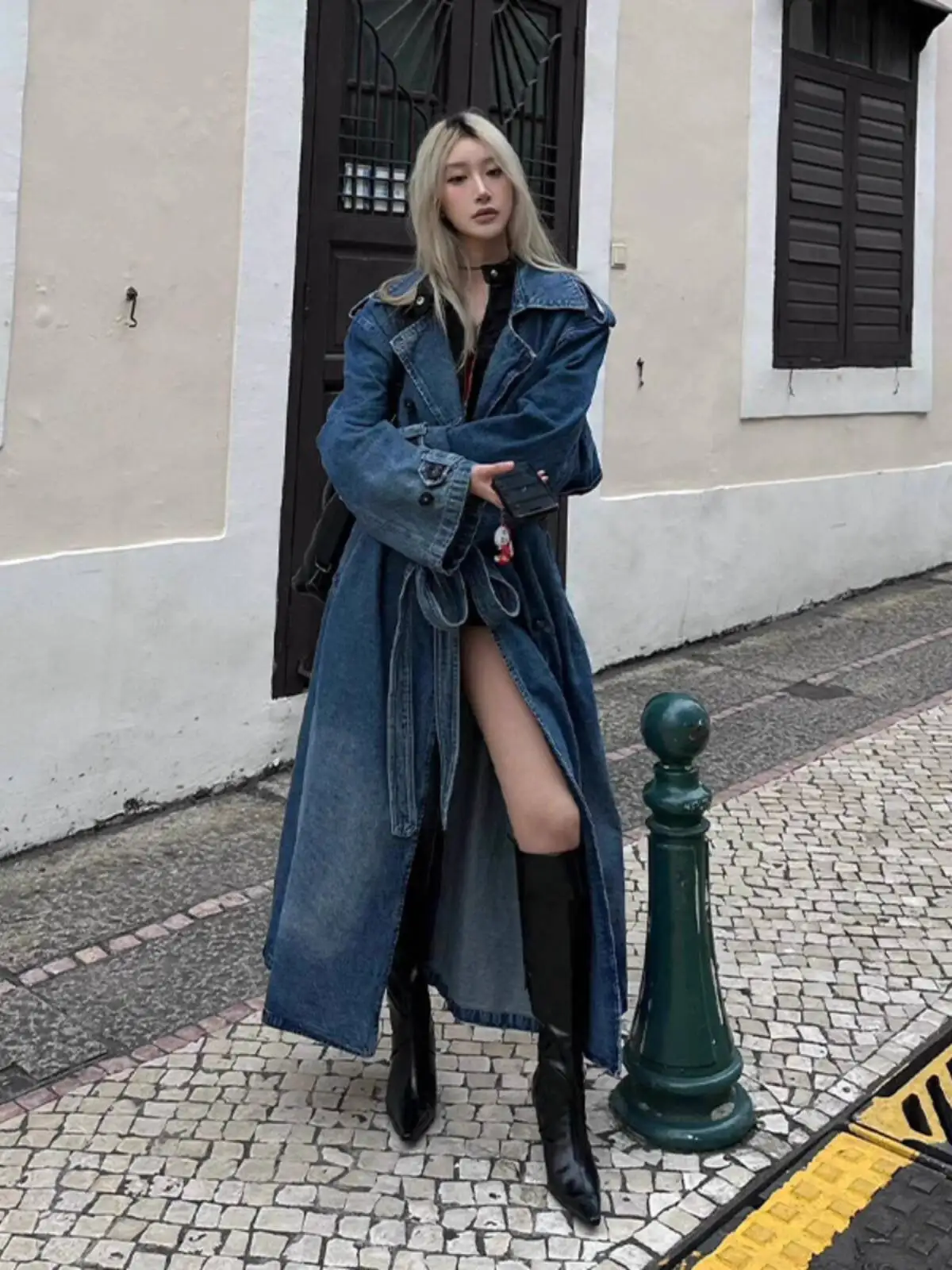 

Осень 202, женский длинный джинсовый ветровка, Тренч, женский джинсовый плащ в стиле ретро, двубортный, с широкими штанинами, свободный повседневный длинный плащ