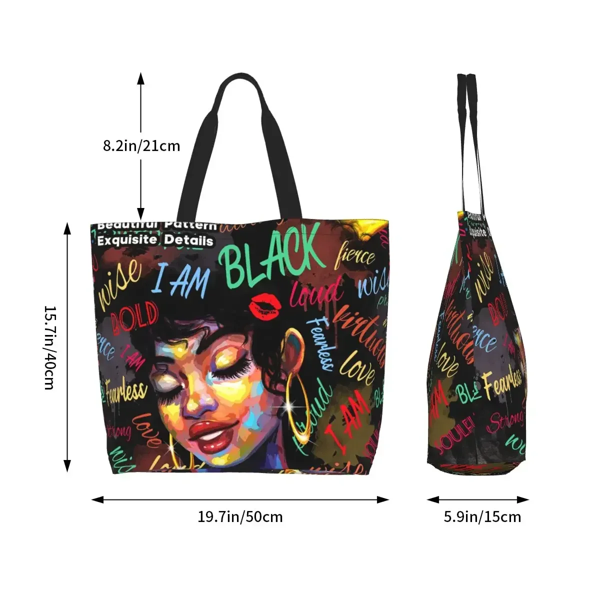 African Girl Black Women Grocery Shopping Bag Cute Printing Canvas Shopper Shoulder Tote Bag Big Capacity Portable Handbag