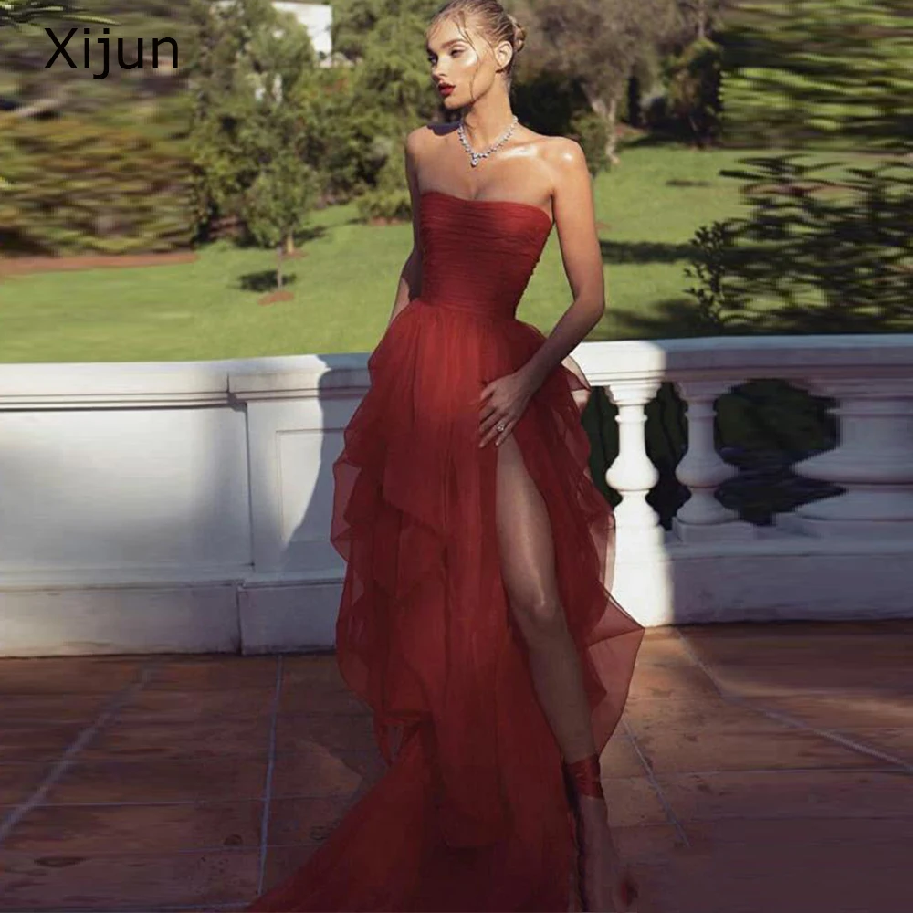 

Romantic Red Tulle Evening Dresses High Side Slit Party Dress 2022 Formal Women Celebrity Sleeveless Elegant Tiered Graduation