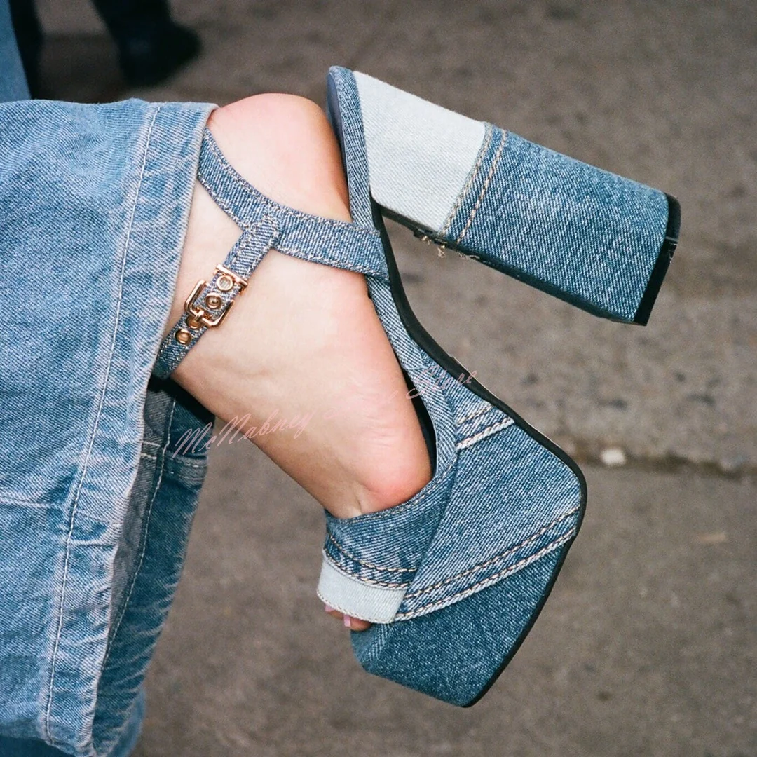 Denim Patchwork Open Toe Sandals High Platform Buckles Strap Thick High Heels Sandals Women Sexy Summer Party Designer Shoes