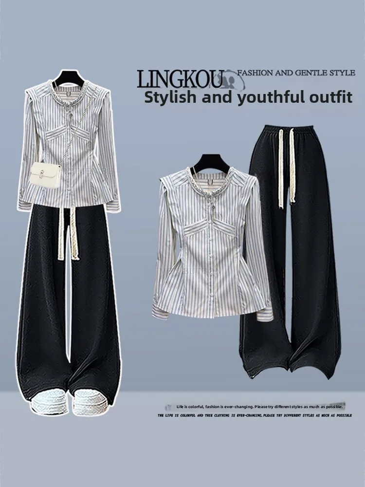 

Casual Striped irt And Wide Leg Pants Two Piece Set plus Size Autumn Faion Korean Sle Anti Aging for Women