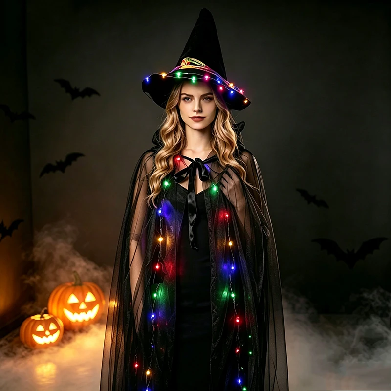 LED Light Up Hooded Tulle Cape Glowing Long Cloak Halloween Witch Cosplay Costume for Carnival Rave Stage Performance Dres