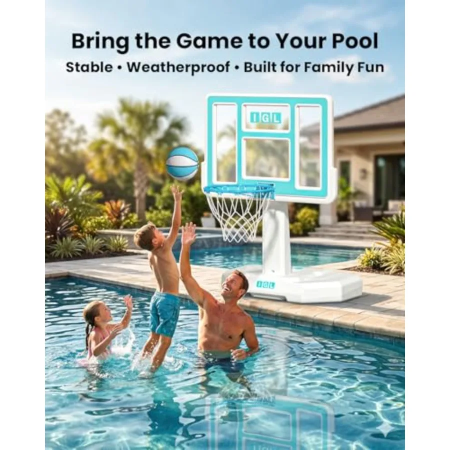 Pool Basketball Hoop - Portable Swimming Pool Goal with 36 Inch PC Backboard, Blue Water-Filled Base for Stability, Includes 2