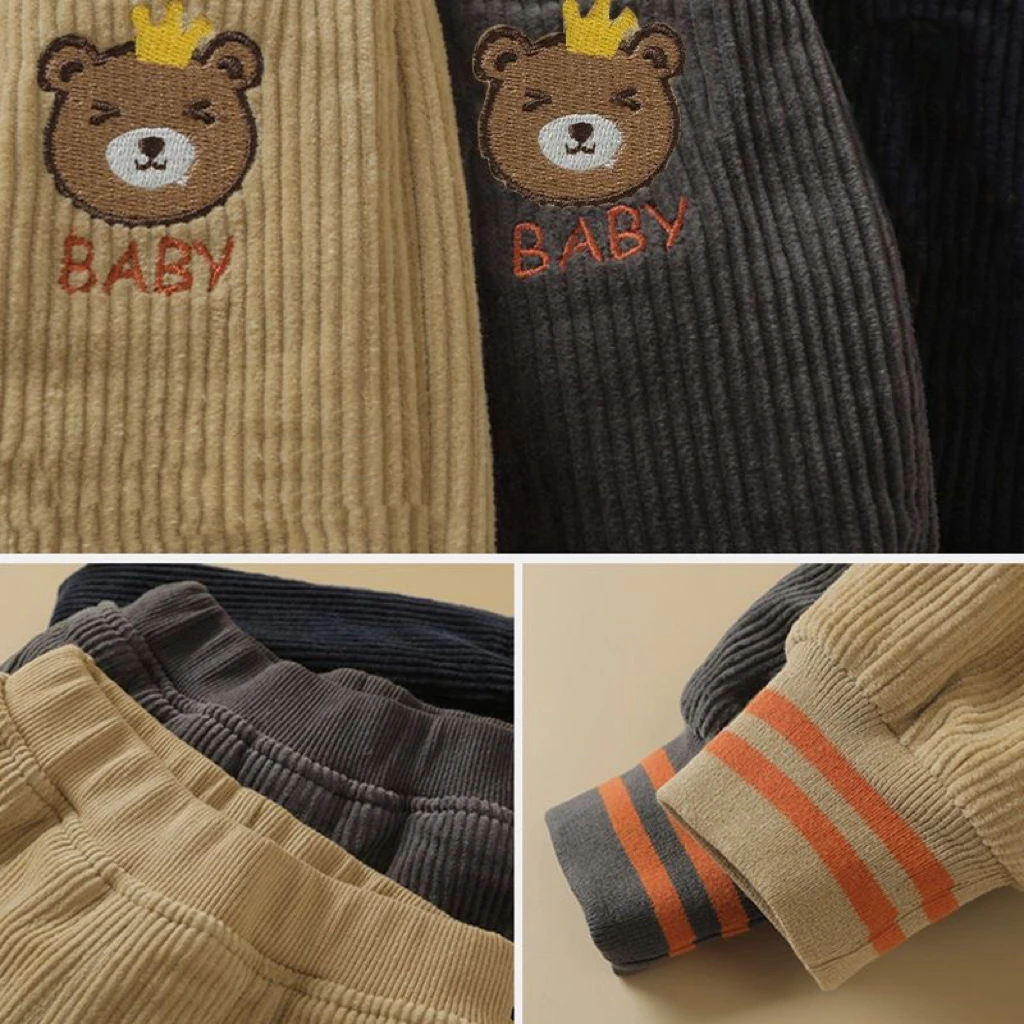 1pcs Boys Girls Winter Velvet Corduroy Kid Pants Little Bear Cartoon Mid Waist Warm Pantalone Baggy Thick Plush Children Trouser