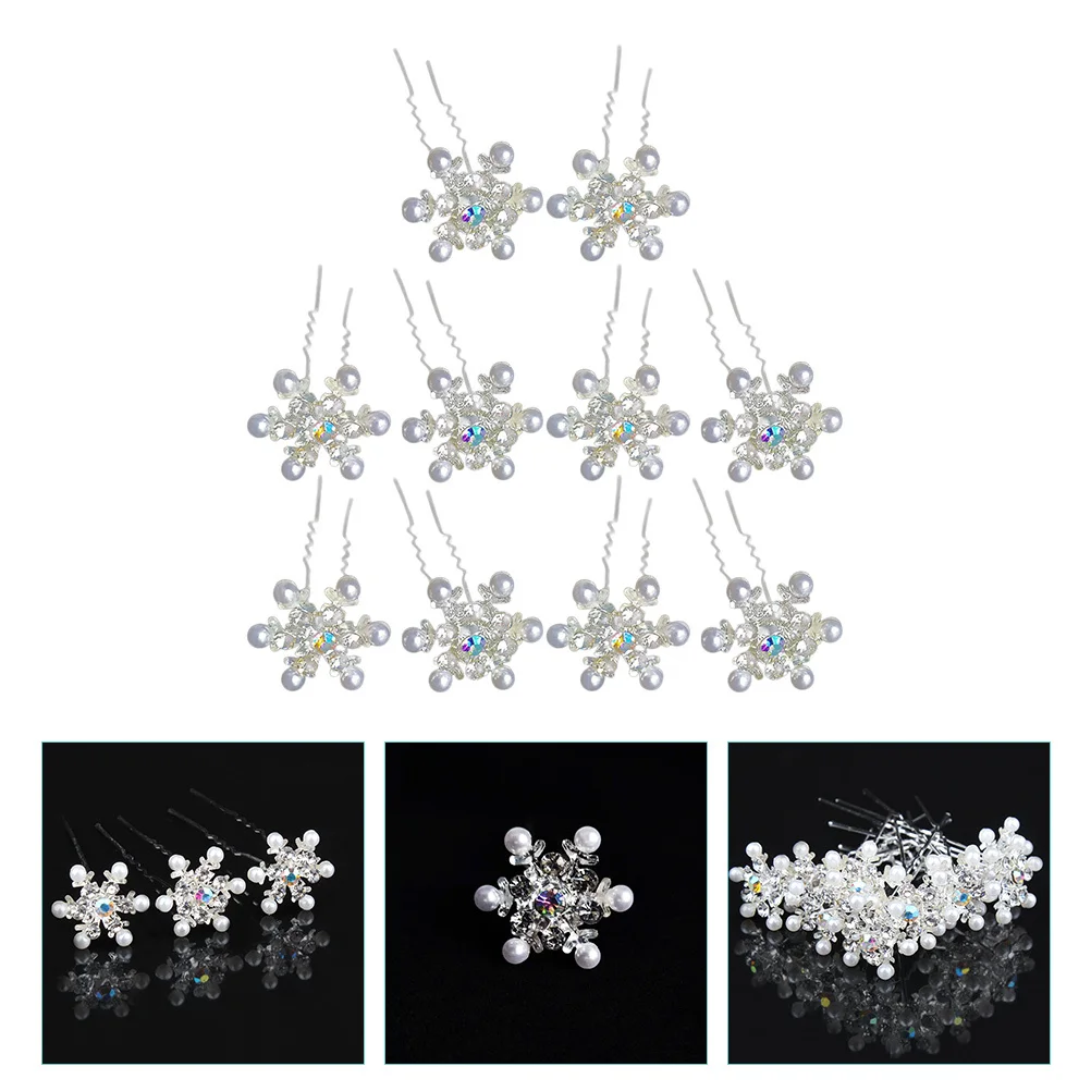 

10Pcs Bridal Snowflake Hair Pin U Shape Pearls Rhinestone Wedding Hair Accessories Bride Bridesmaids Prom Evening Party