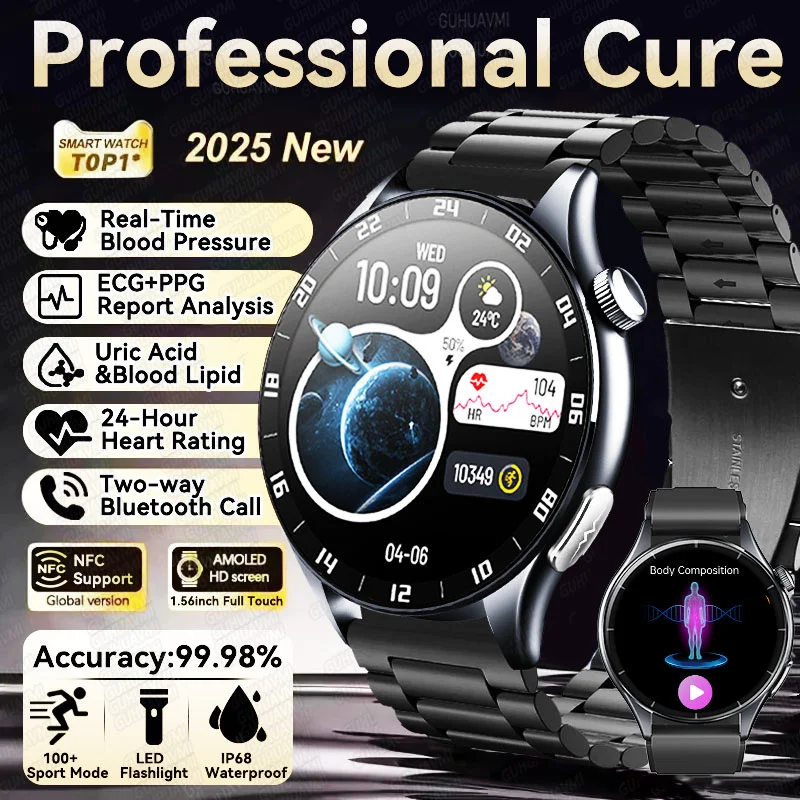 

2025 New Health Text ECG Smartwatches Men Blood Components Uric Acid Lipid Blood Pressure 1.56" HD AMOLED Call Smart Watch IP68