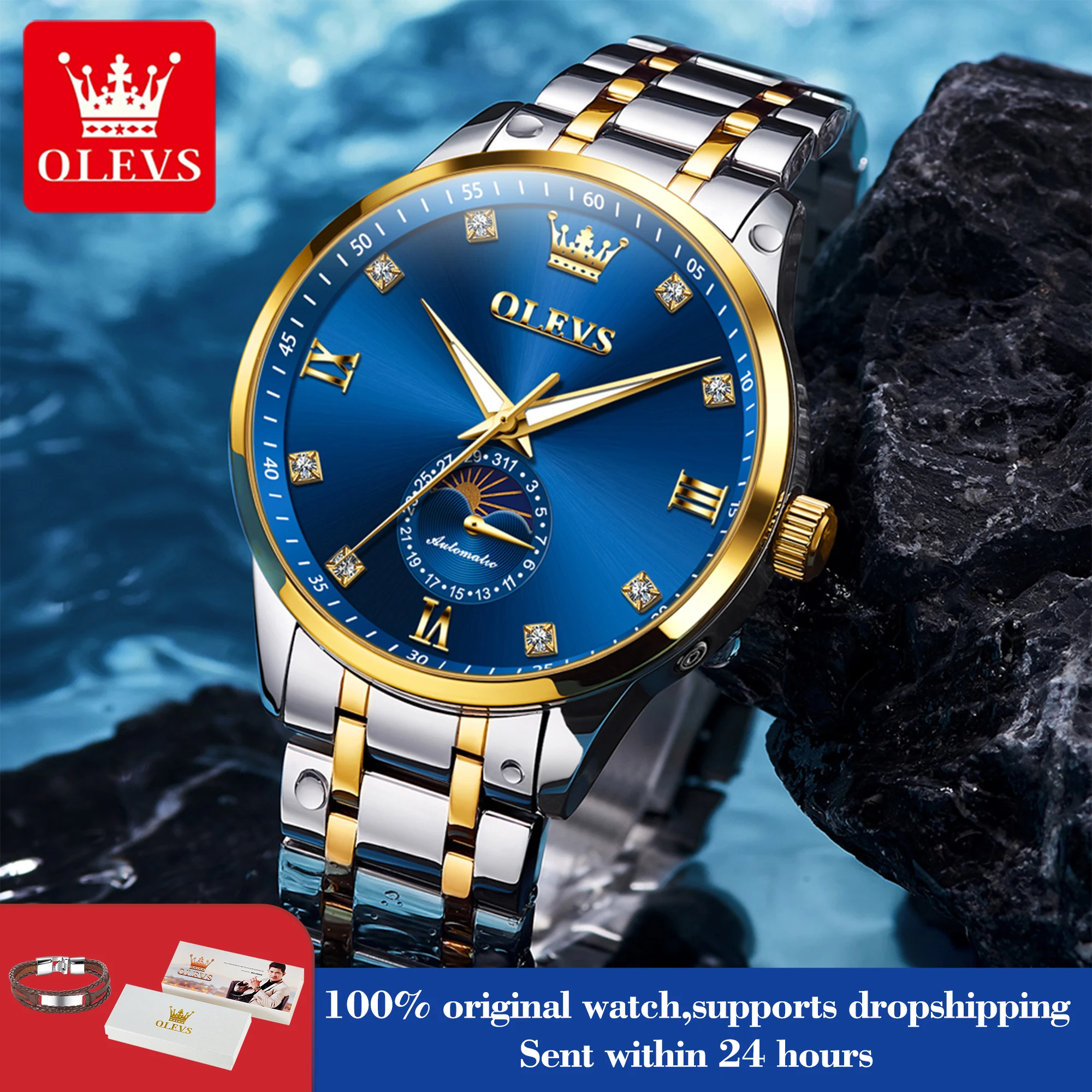 

OLEVS 7041 Automatic Watch Man Moon Phase Mechanical Watch For Men Luxury Date Waterproof Business Male Hand Clock Diamond Scale