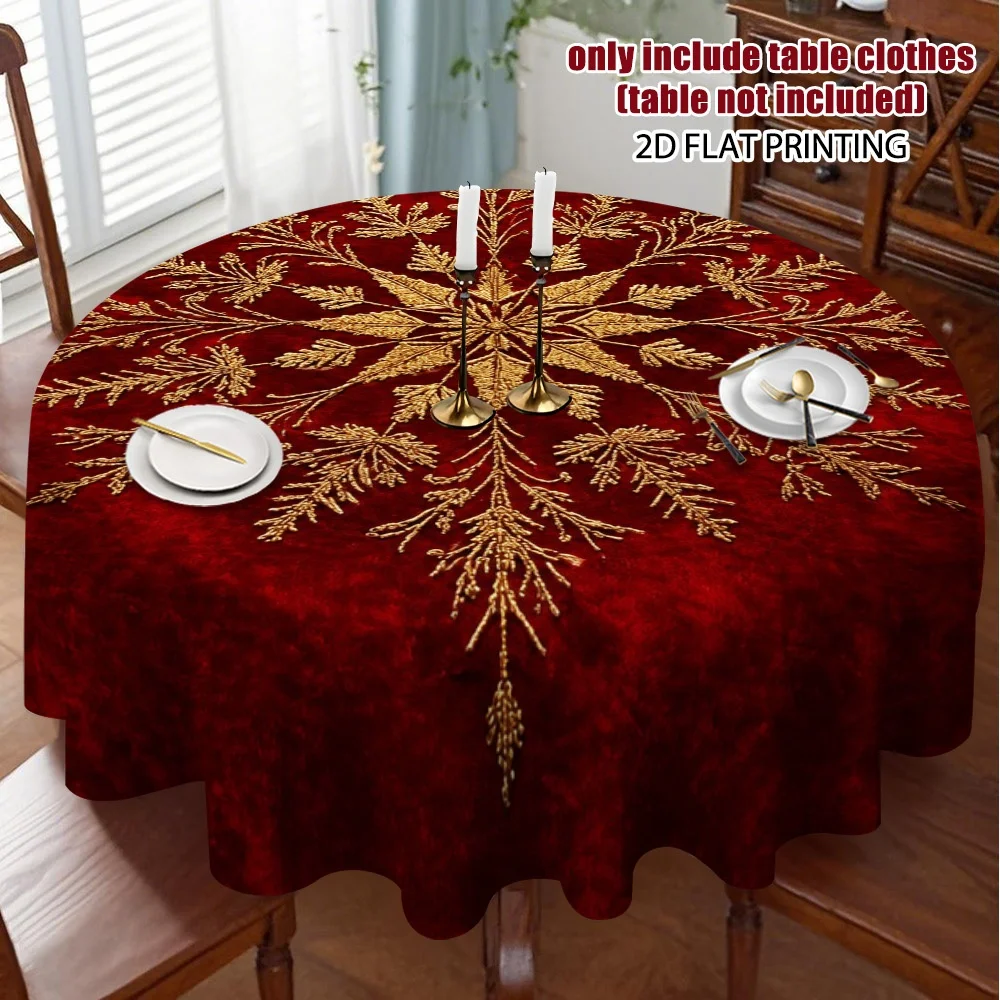 2D flat print, 1-piece Christmas gold snowflake round tablecloth design, suitable for compact dining spaces