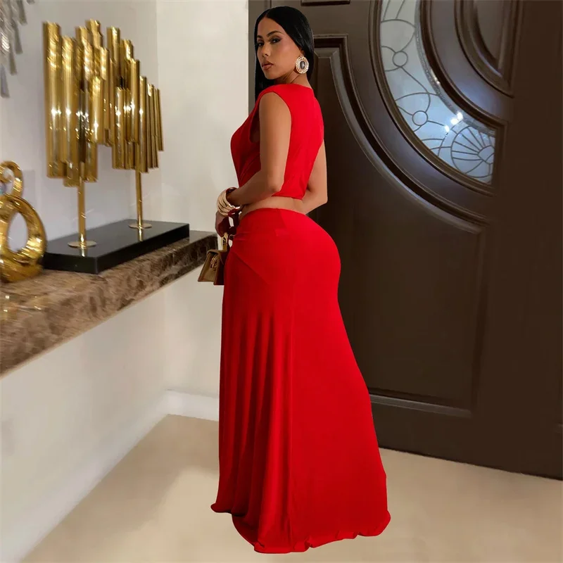 Ärmellose tiefe V-Ausschnitt Frauen sexy unregelmäßige lange Abend Party kleid aus geschnitten geraffte High Split Maxi Nachtclub Kleid schwarz rot