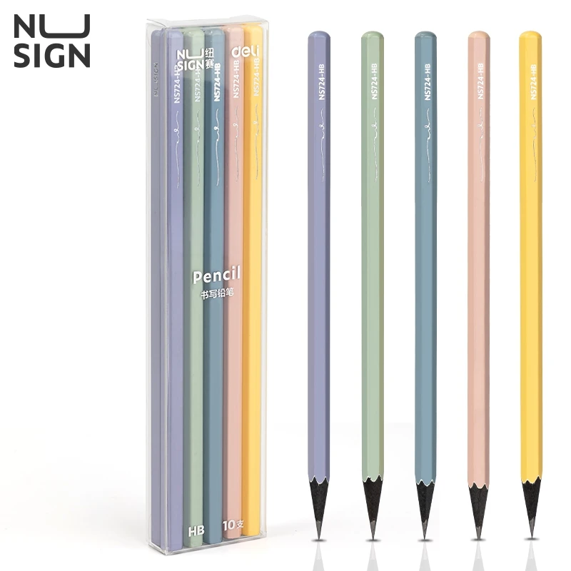 10PCS Box Deli Nusign NS724-HB/2B Color Tube Black Wooden Pencils Hexagonal Lead-Free Writing Pencils for School And Office Use