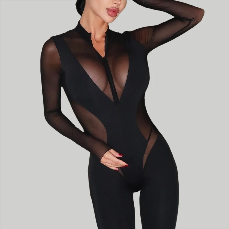Ellolace Cougar Lingeries Femme - Mono de manga larga con cuello alto, diseño de empalmes, cremallera, ajuste ceñido y estilo chic.