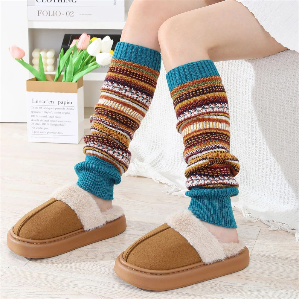 Autumn and Winter Women's Color Blocked Striped Pile Socks Camouflage Bohemian Style Yarn Warm Leg and Knee Pads