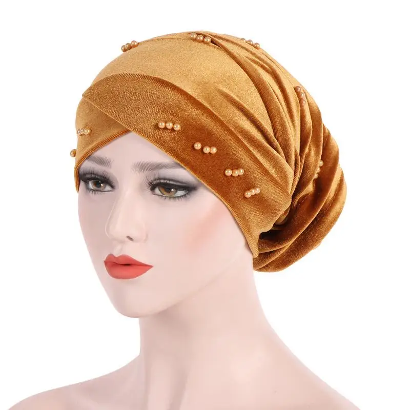 

1Pc New women's solid color forehead cross velvet nail bead headscarf cap Muslim headscarf cap