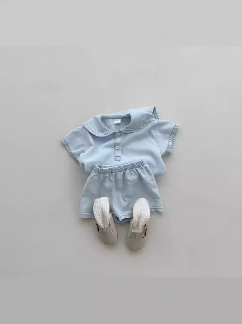 

2024 Summer New Baby Short Sleeve Denim Set Infant Boy Girl Lapel Tops + Jean Shorts 2pcs Suit Toddler Casual Versatile Outfits