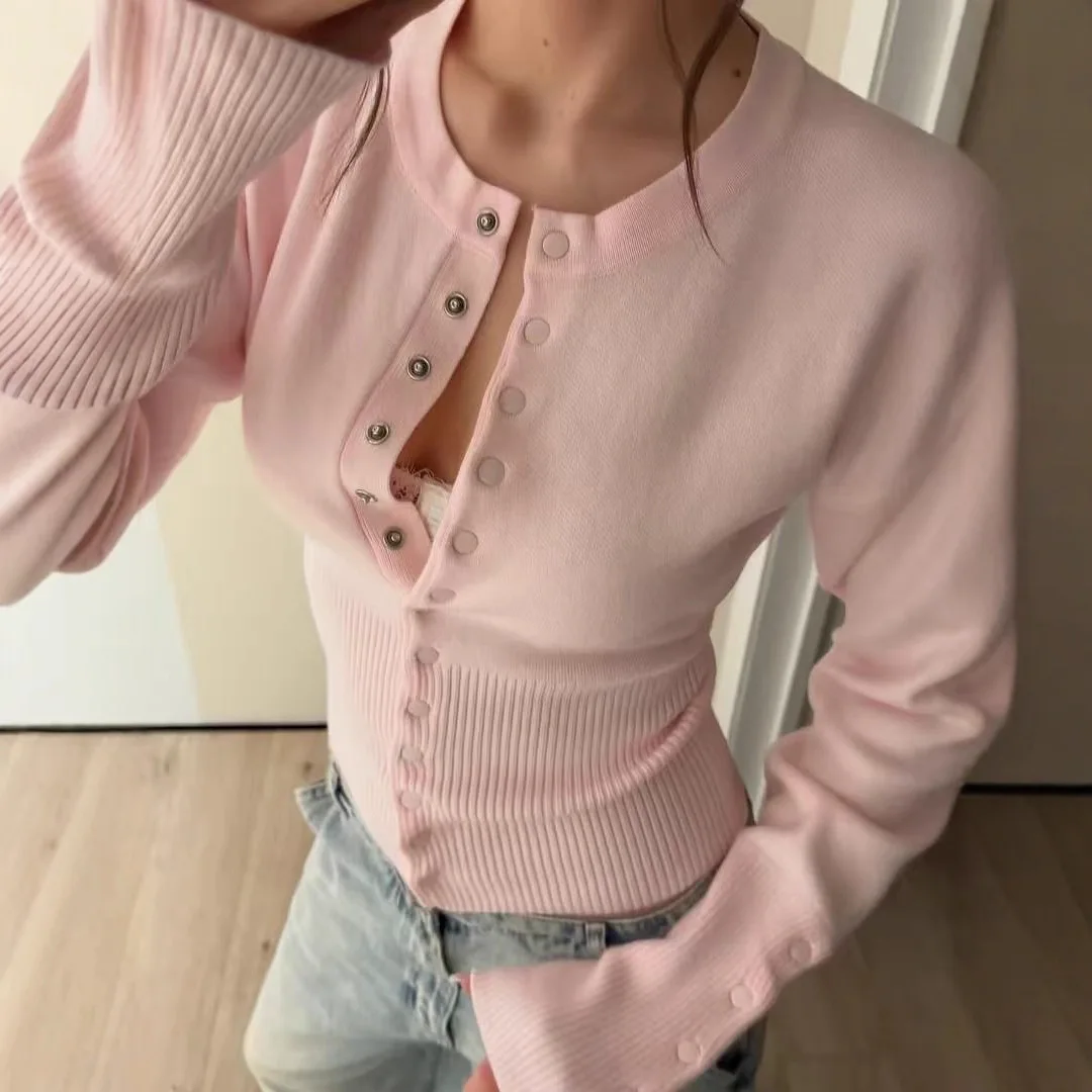

Solid Slim Sweater Cardigan Woman Autumn O-neck Buttons Long Sleeve Knitwear Top Female Casual Simple All-match Knitted Coat New