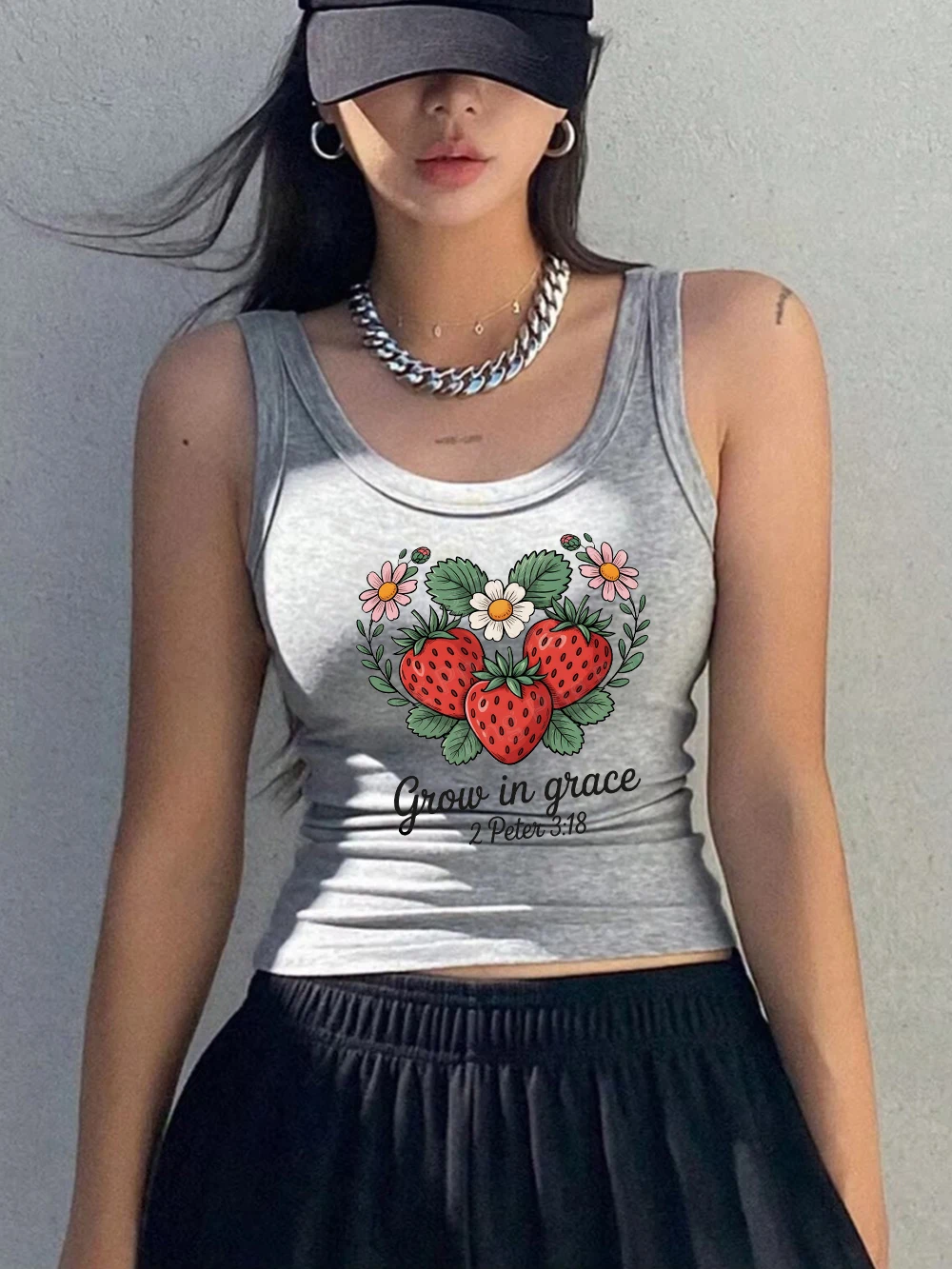 Grow In Grace Strawberry Fruit Printing Singlet Summer Women Ribbed Knit Vest O-Neck Soft Cotton Tank Tops Y2K Slim Sleeveless