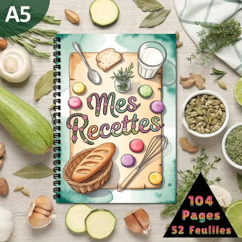 Cuaderno de encuadernación en espiral de libro de cocina francés A5, puede contener hasta 100 recetas, estilo dibujado a mano con fondo de acuarela verde claro