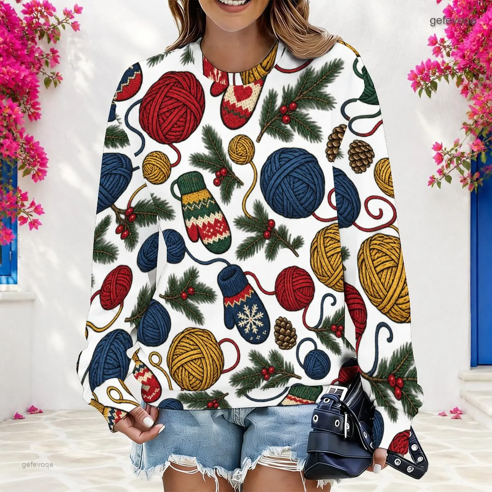 Women Round Neck Long Sleeve Printed Pullover Sweatshirt, Yarn Balls Mitten Pinecone Pattern