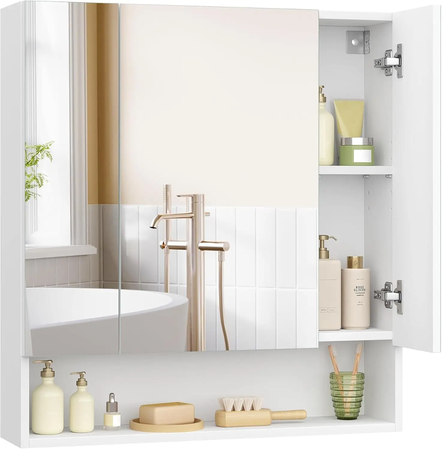 

Medicine Cabinet Mirror with Storage, Wall-Mounted, Adjustable Shelves, Open Compartment, 6.5 x 27.6 x 29.5 Inches, Cloud