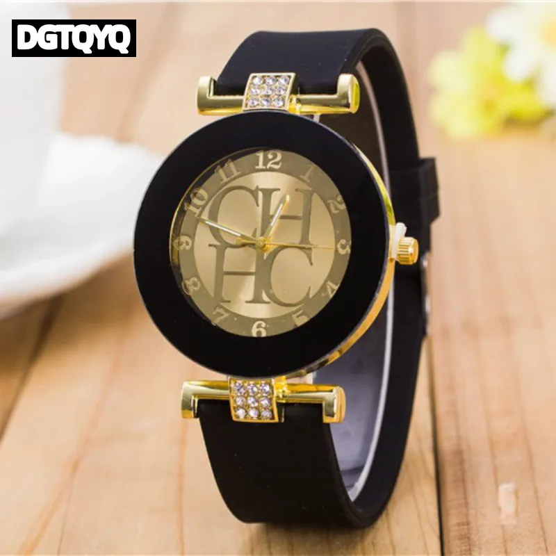 DGTQYQ Jam Tangan Wanita Bermerek Mewah Jam Tangan Kuarsa Kasual Tali Gel Silika Casing Baja Tahan Karat Desain Berlian Minimalis untuk Wanita
