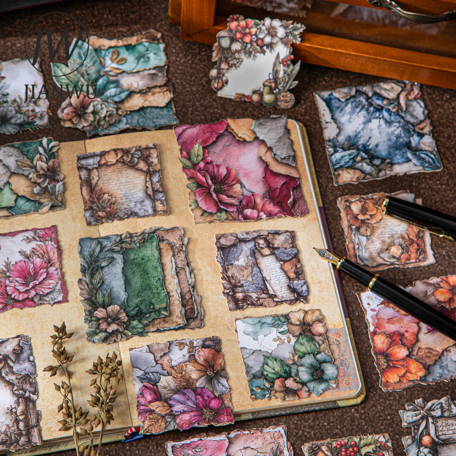 JIANWU Old Shadow Chapter Series Vintage Flower Smudge Landscape Material Collage Sticker Creative DIY Journal Stationery