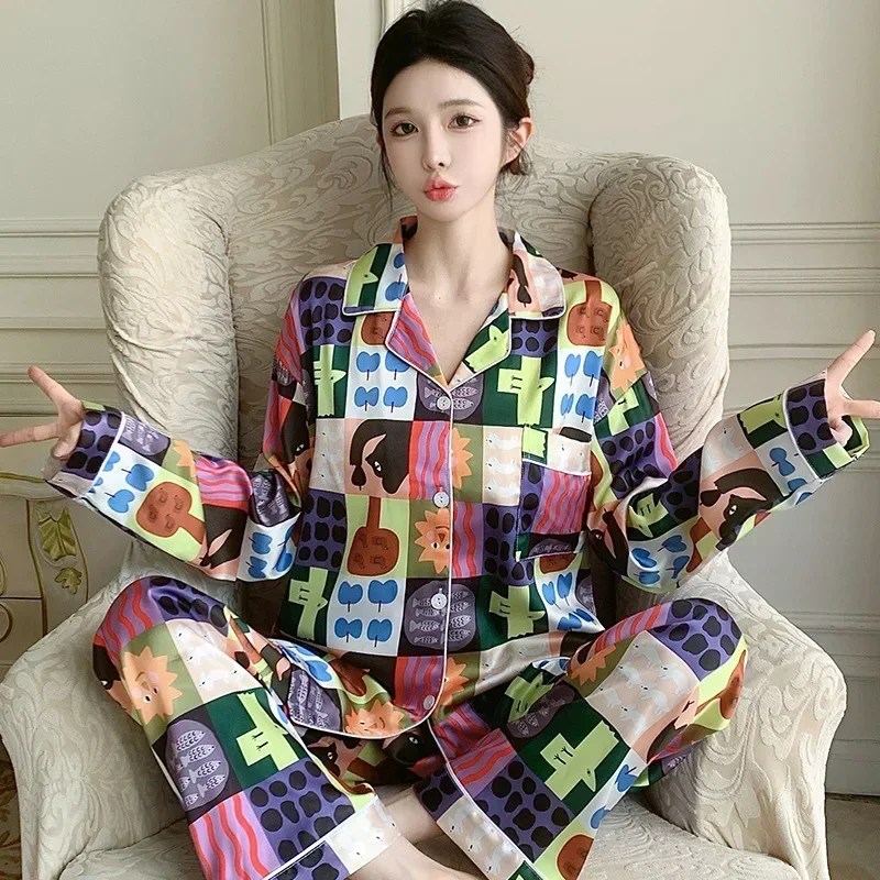 Korean Funny Cartoon Print Women Set Pajamas Satin Silk Autumn Winter Long Sleeves Long Pants Cute Pyjamas Soft Pijamas Cozy Pjs