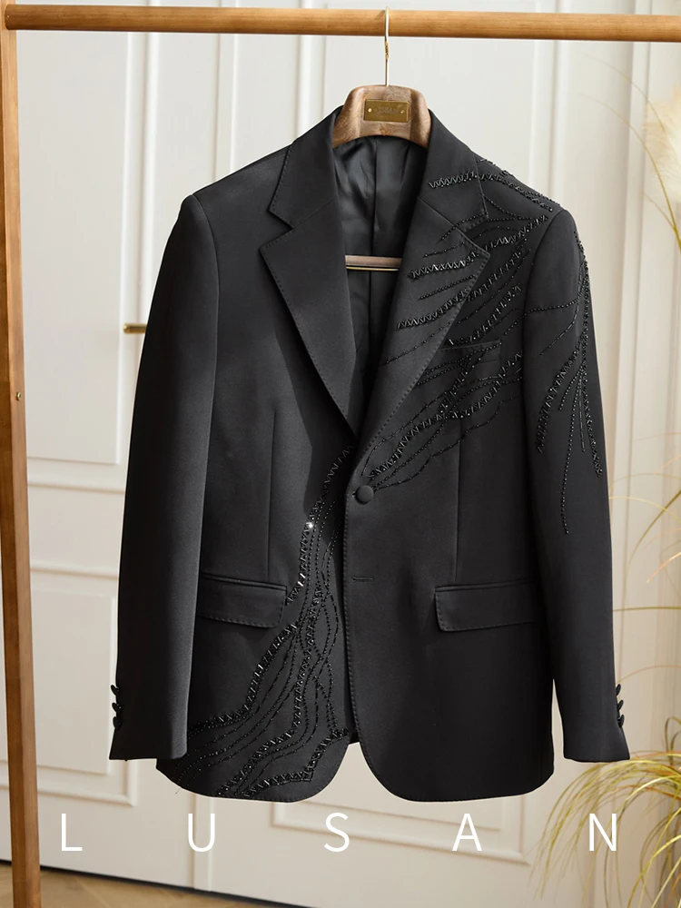 Temperament Niche Design Sense Black Dress Banquet Hand-made Beaded Slim-fit Host Groom Suit Men