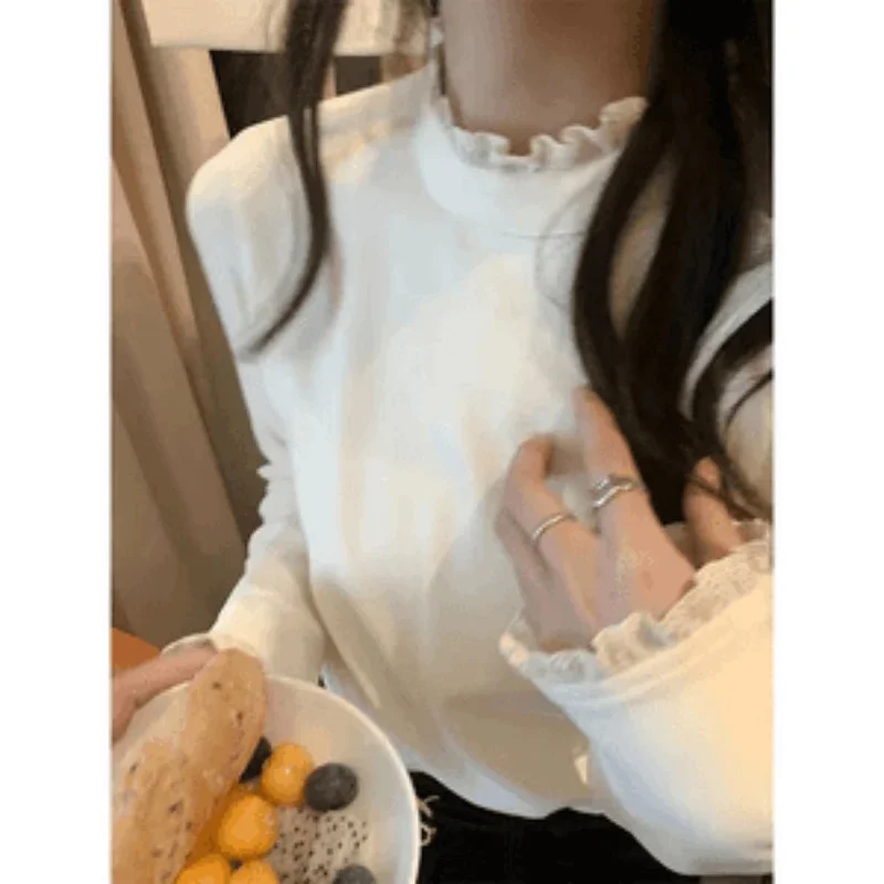 Autumn Winter Girls T-shirts Sweet Casual T-Shirts Female Elegant Patchwork Clothes Lady Chic Fashion Thermal Underwear Tops