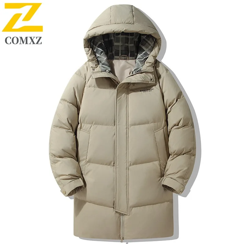 COMXZ 2025 Chaqueta larga de plumón para hombre, senderismo al aire libre, viajes, relleno resistente al frío, abrigo de invierno ligero de estilo diario minimalista