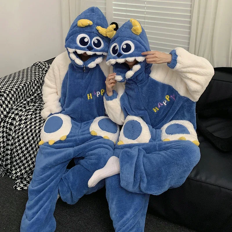 Anime Monsters Women Pajamas Jumpsuits Men Couples Sleepwear Cartoon Hooded Pyjamas Winter Thicken Warm Lovers Zipper Homewear