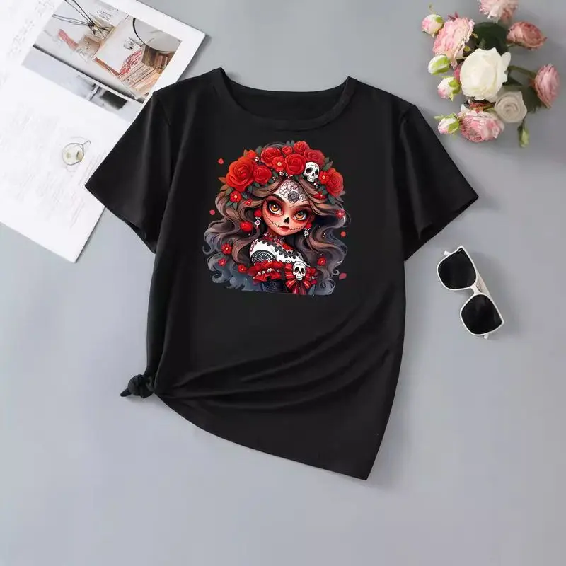 高弾性半袖ハロウィンウィッシュボトルTシャツ韓国スタイルラウンドネック通勤ファッションポリエステルブレンドレディーストップ