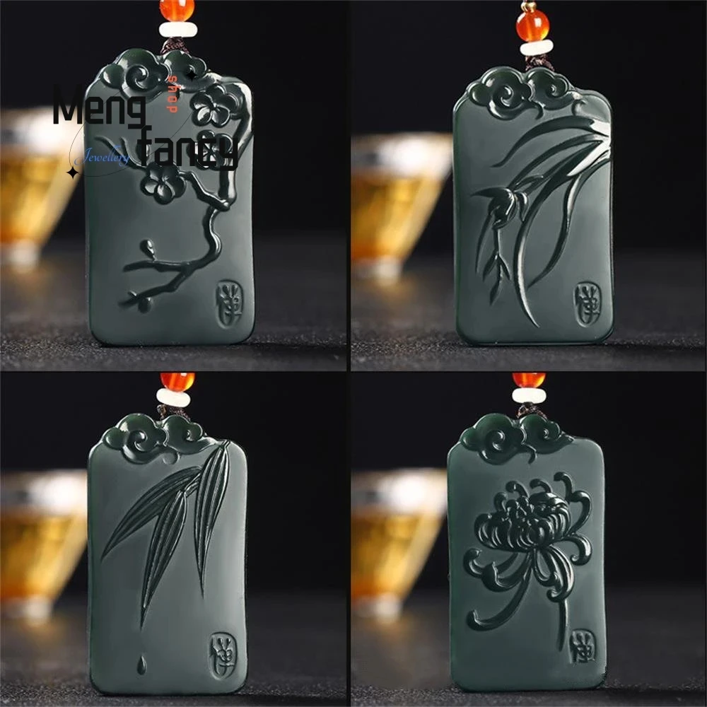 

Natural Hetian Green Jade Plum Orchid Bamboo Chrysanthemum Pendant Four Gentlemen Chinese Traditional Flower Couple Fine Jewelry