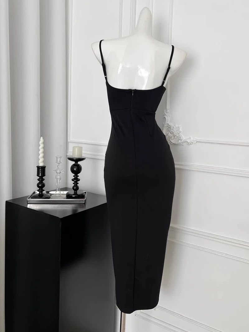 ReddaChic Sparkly Party Vrouwen Zwarte Bodycon Boog Broche Strass Corset V-hals Uitgesneden Hemdje Jurk Formele Zomer Kleding