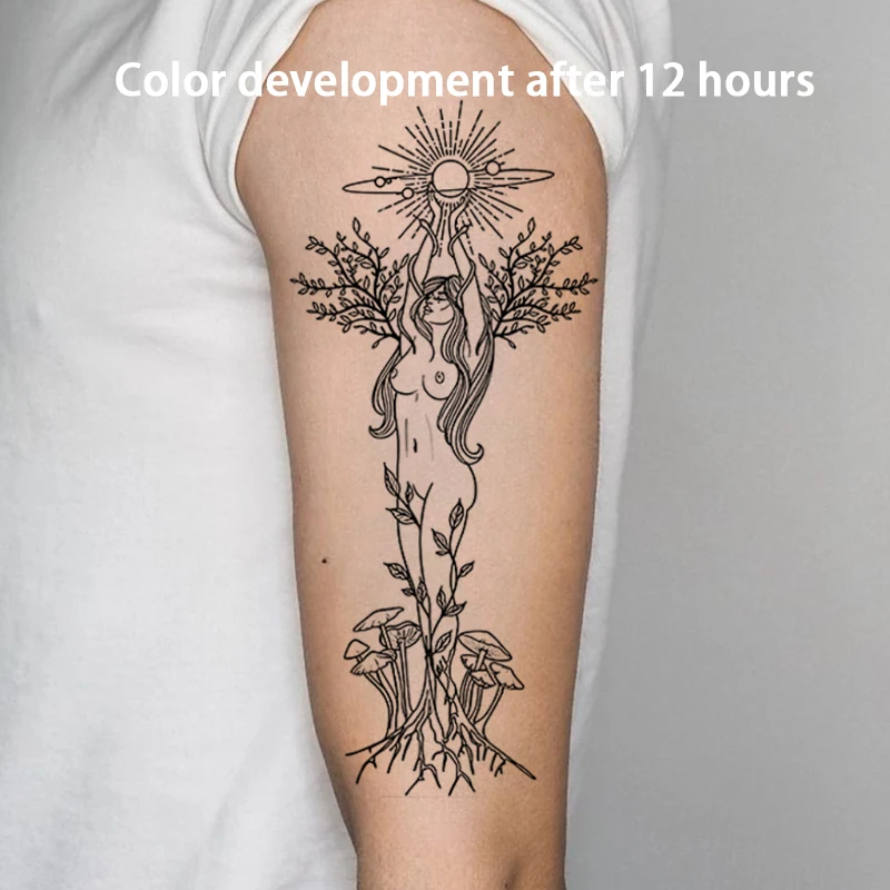 Sun Goddess Leaves Herbal Juice Tattoo Sticker Temporary Tattoos Man Half Arm Waterproof Fake Tatto Trendy Sexy Hotwife Punk Y2K