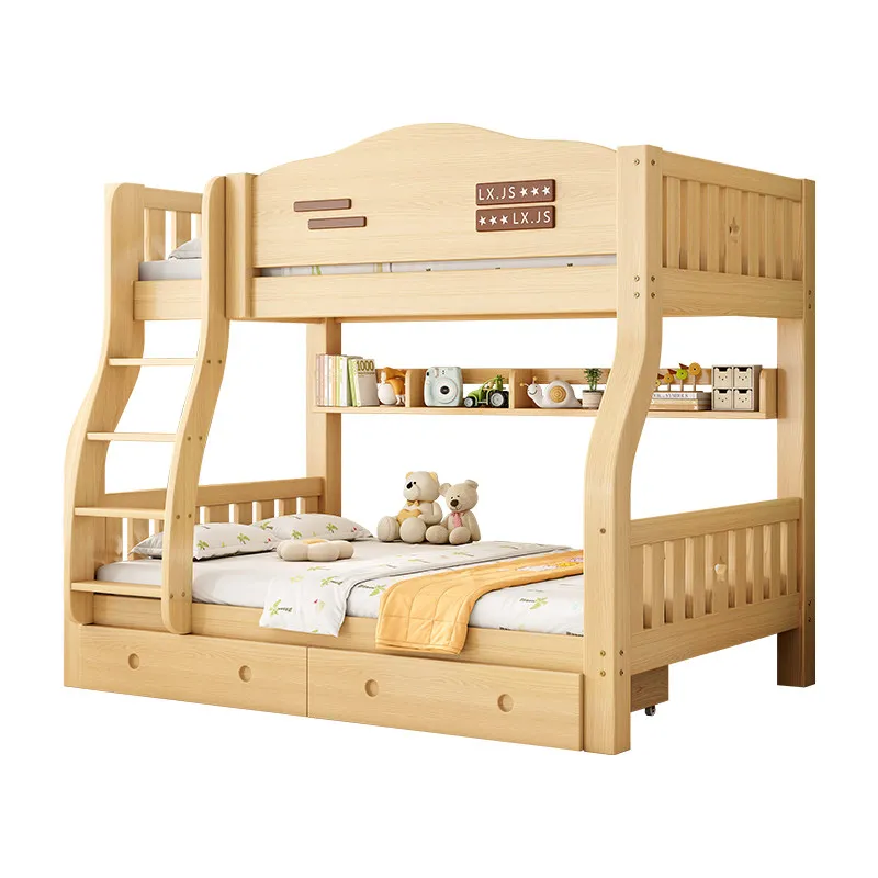 For Solid Wood Double Decker Bed, Space-Saving Bunk Bed for Home, Sturdy Loft Bed with Safety Guardrails