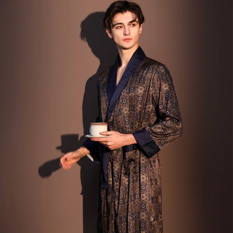 Men Bath Robe Satin Print Kimono Bathrobe Ice Silk Dressing Gown Plus Size Sleepwear Lounge Nightgown view 3