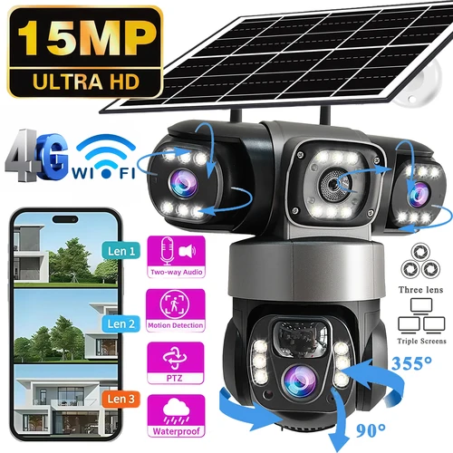 V380PRO 3 lentes WiFi cámara Solar 15MP 360 exterior impermeable CCTV visión nocturna Audio bidireccional cámara de seguimiento móvil 4G IP