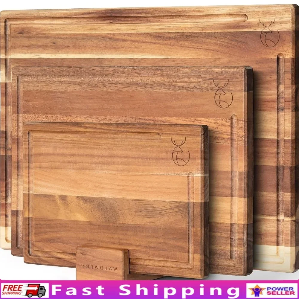 

Solid Acacia Wood Cutting Board Set with Board Stand Juice Groove Ultra-Stable Storage Kitchen Food Prep Non-Slip 3 Boards