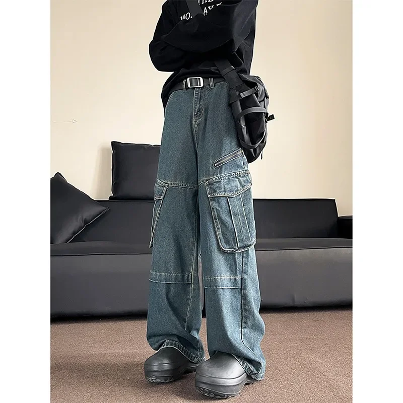 Fashionable and Versatile Beautiful Design Unique Hong Kong Style Retro Vintage Vintage Wide Leg Pocket Jeans Work Pants Men