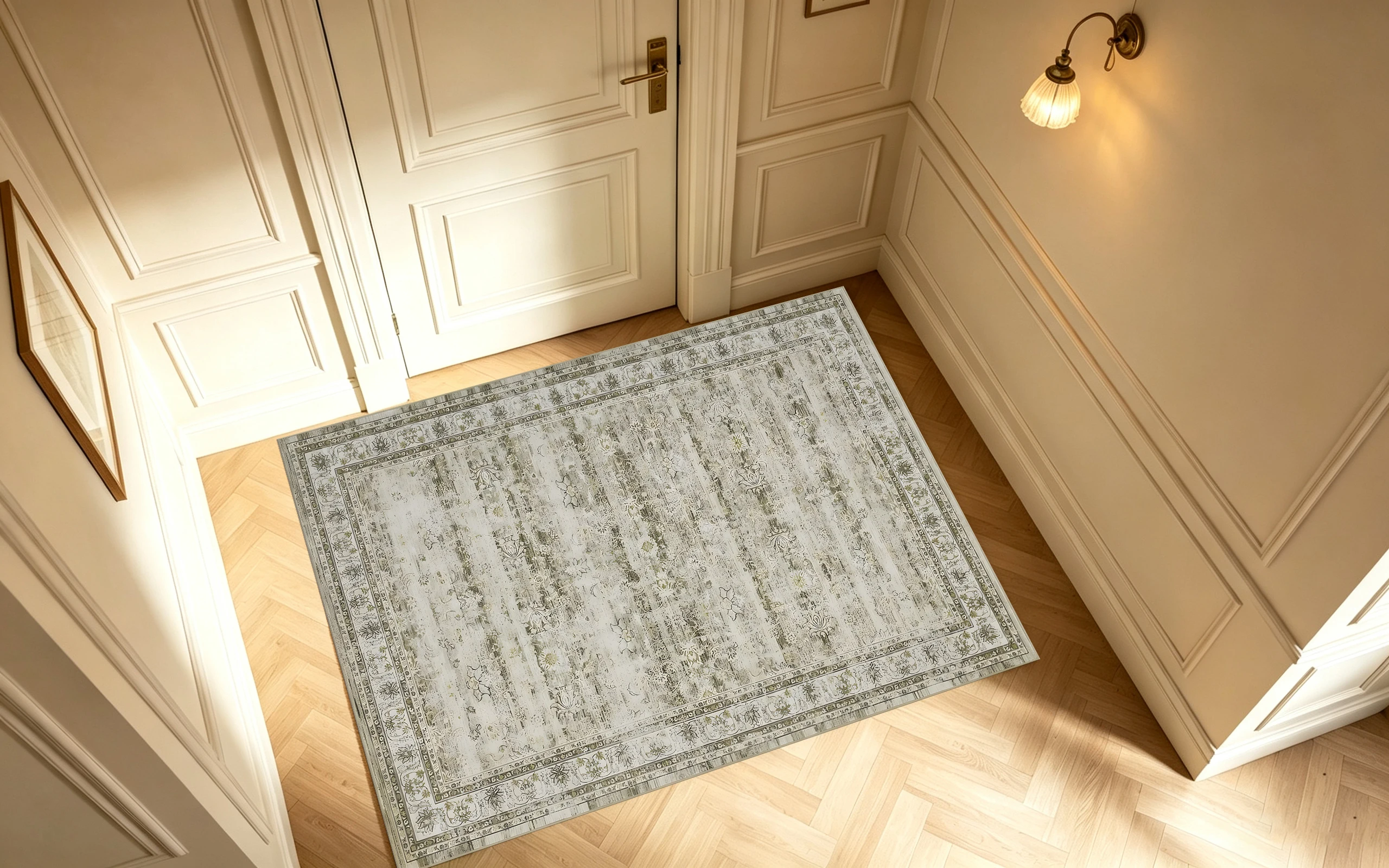 2D Large Rug in Light Beige-Grey with a Subtle Retro Pattern, Featuring a Soft, Skin-Friendly Texture Suitable for