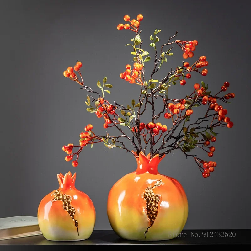 Chinese Style Pomegranate-shaped Ceramic Ornaments Creative Decorations with Dried Flowers Simulation Living Room Retro Vase N